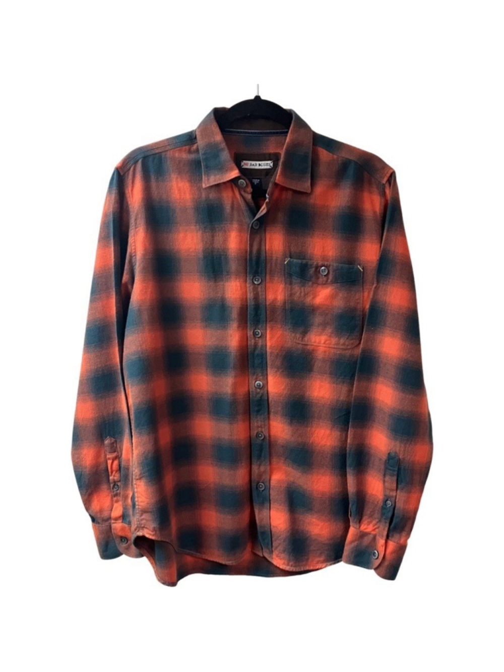 32 BAR BLUES Cotton Flannel Men’s Plaid Button down Shirt MEDIUM Orange Gray